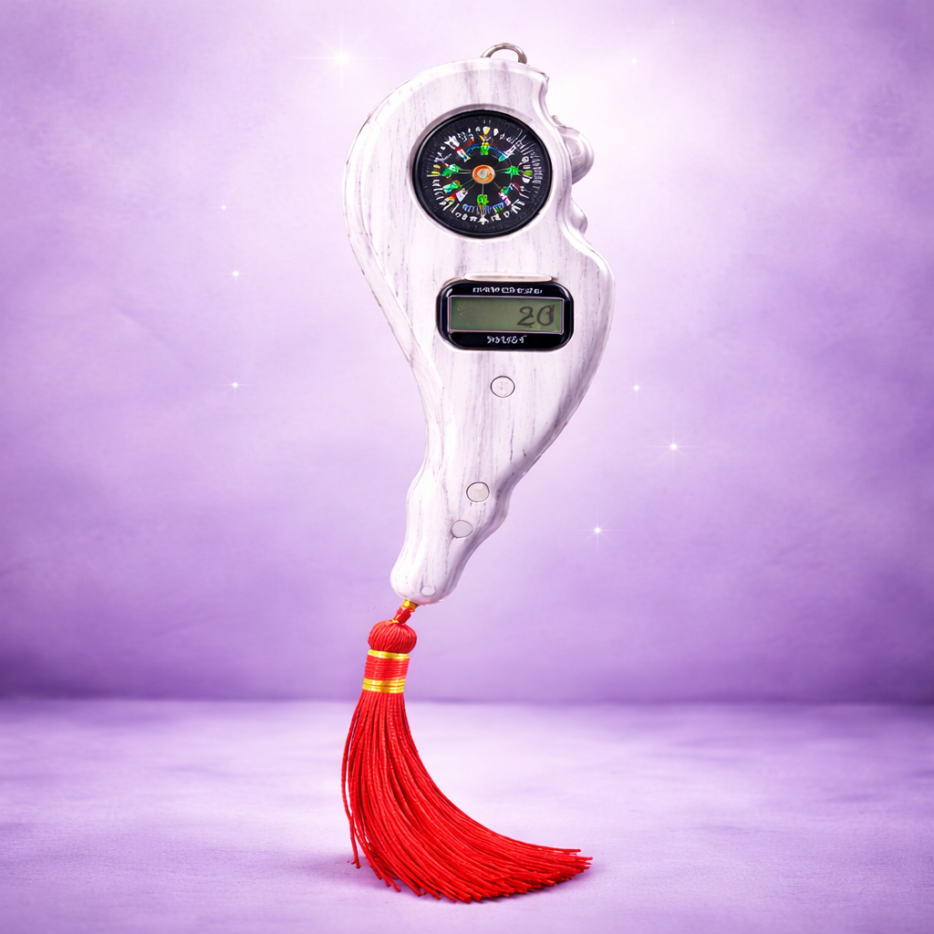 White tire pressure gauge with a red tassel on a purple background