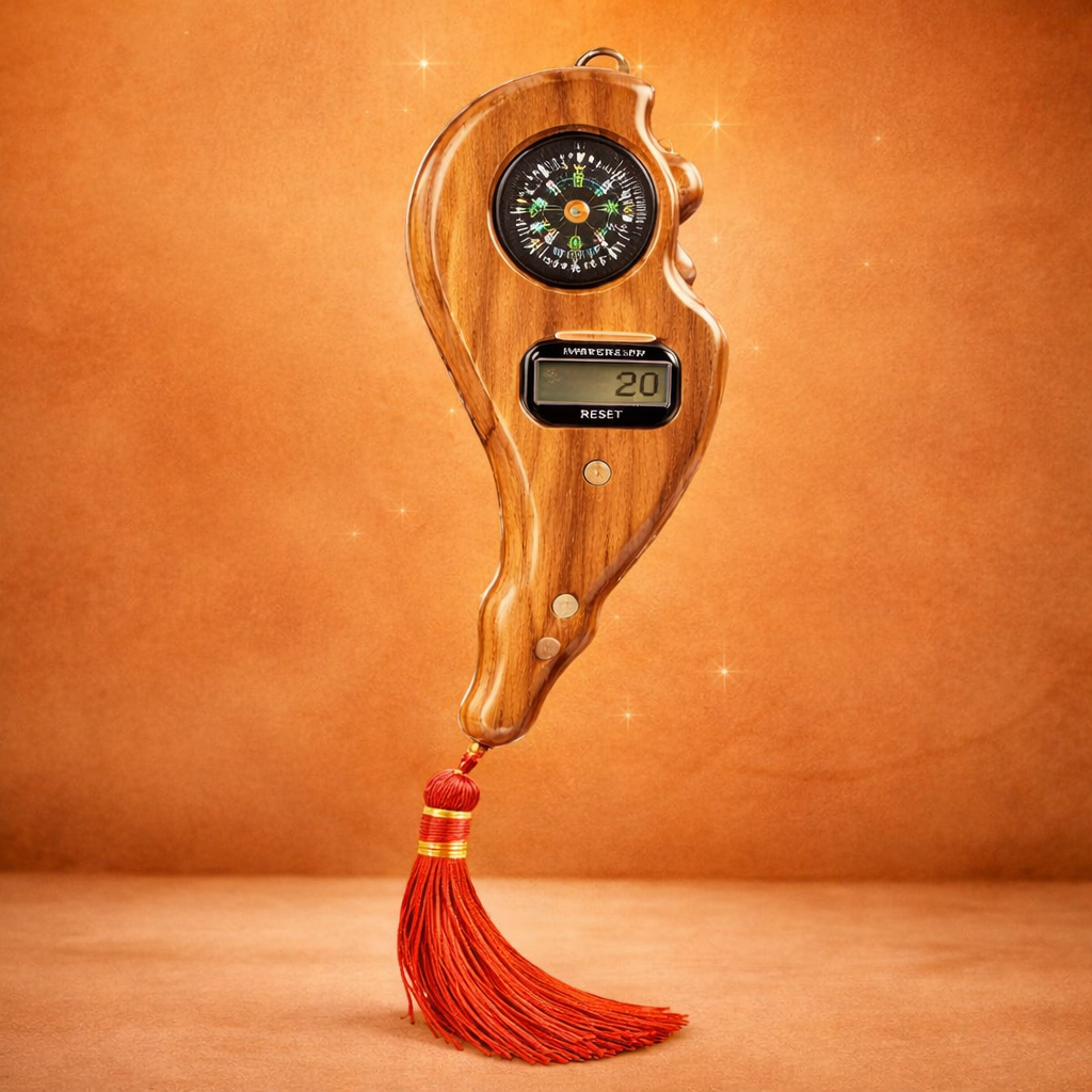 Wooden device with digital display and compass on an orange background