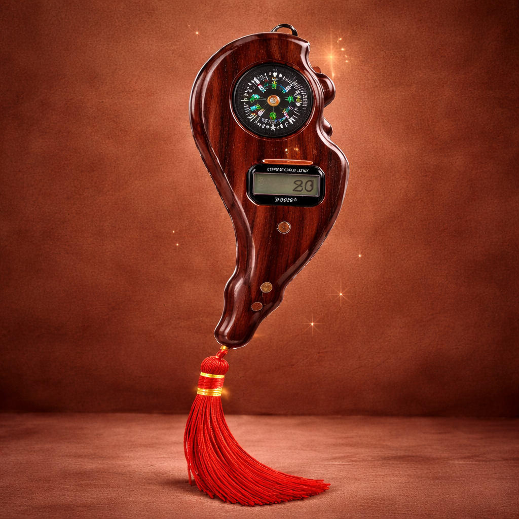 Wooden device with a digital display and red tassel on a brown background