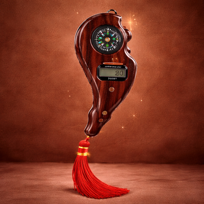 Wooden device with a digital display and red tassel on a brown background