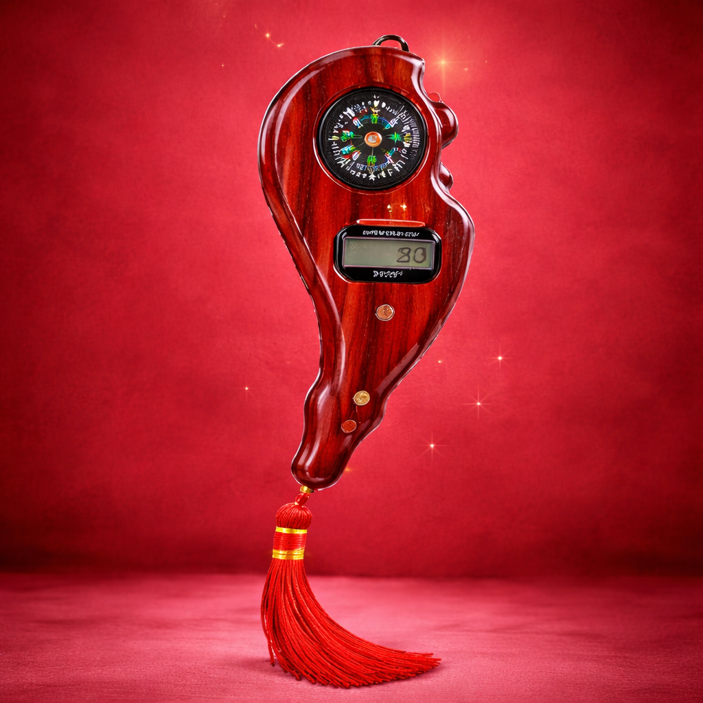 Decorative item with a compass and digital display on a red background