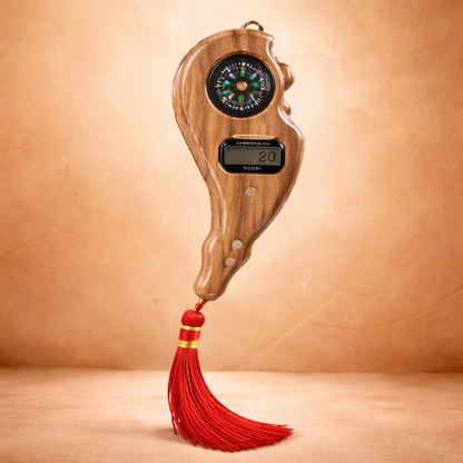 Wooden device with digital display and compass on a beige background